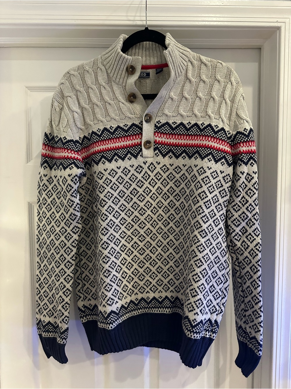 Izod Men’s Cream Cable Knit Zip-Style Pullover with Navy & Red Fair Isle